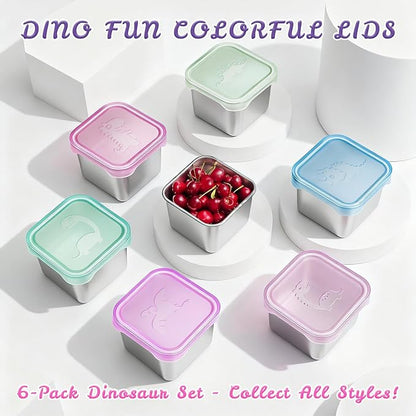 Tanjiae 6-Pack Small (6 oz) Stainless Steel Snack Containers for Kids, Easy-Open Toddler Snack Containers with Lids - Cute Dinosaur Small Stackable Metal Snack Box for Daycare, School, Travel