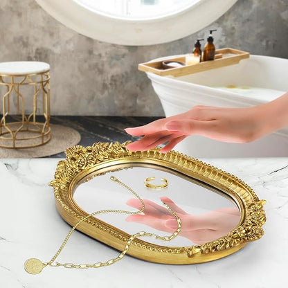 GUOER Vintage Antique Decorative Bathroom Vanity Tray Decor Mirror Tray for Dessert Table Coffee Table Vanity Home Decor Serving Tray with Handle Gold