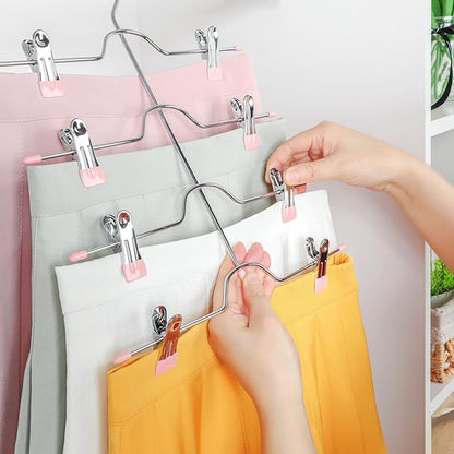 TOPIA HANGER 4 Tier Metal Skirt Hangers for Women, Pants Hanger Space Saving with Adjustable Clips, Gain 70% More Space, Non Slip Grip for Slacks, Trousers, Shorts, Jeans, Towels, Pink, 3-Pack, CT24P
