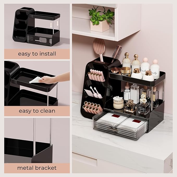 Makeup Organizer for Vanity with Brush Holder, 2 Tiers Countertop Skincare, Cologne Organizer and Perfume Stand for Men Bathroom Vanity, Large Capacity Makeup Storage, Black