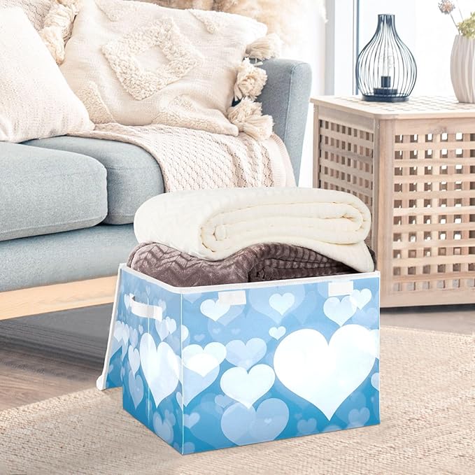 senya Valentines Baskets Collapsible Storage Bins with Lids, Blue Abstract Heart Storage Boxes Clothes Baskets for Organizing