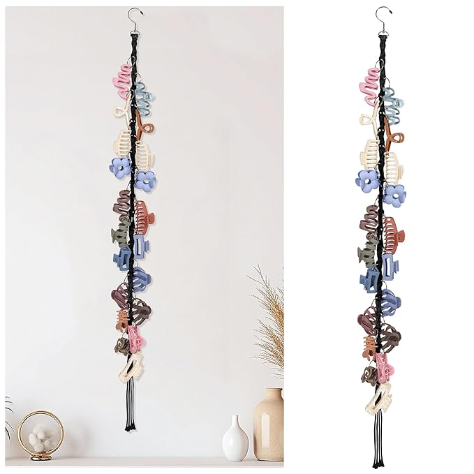 SNOWSTAR Macrame Hair Claw Clip Organizer with Rotating Hook and 20 Metal Rings,Hanging Hair Clip Holder and Storage for Women Girls,Claw Clips Hanger Home Decor for Wall,Door,Closet (Black1PCS)