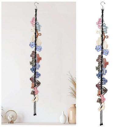 SNOWSTAR Macrame Hair Claw Clip Organizer with Rotating Hook and 20 Metal Rings,Hanging Hair Clip Holder and Storage for Women Girls,Claw Clips Hanger Home Decor for Wall,Door,Closet (Black1PCS)