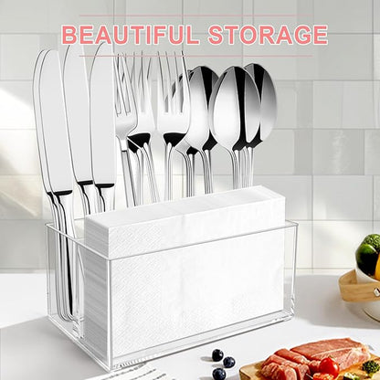 Vowcarol Small Clear Plastic Silverware Caddy Cutlery Holder 7.1 x 4.6 x 3.1 inches 4 Compartments Tableware Storage Box for Napkin, Knife Spoon and Fork Holder