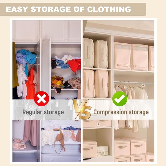 Ultra Space Saving Self Compression Organizer, Storage Tote for Space Saving,Packing Bags Clothes Storage Bags Self Compression Organizer for Comforters, Blankets, Bedding (Beige)