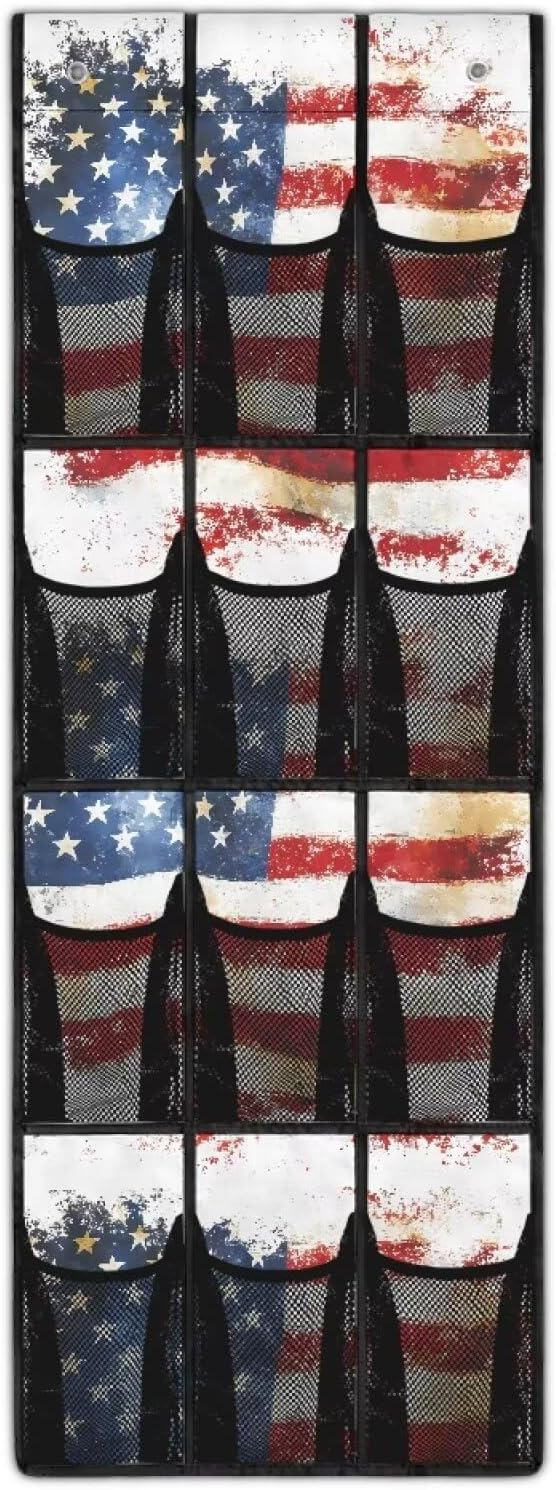 American Flag Over The Door Shoe Organizers with 12 Mesh Pockets Baby Organizer Storage Hanging Shoe Organizer Shoe Holder Rack for Toddler Girl Room Baby Room Craft Room Bedroom