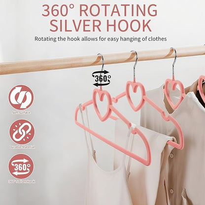 50 Pack Velvet Pink Hangers, Cute Heart Clothes Hangers with 360 Degree Swivel Hook, Non-Slip Thin Felt Hanger for Adult, Coat, Dress, Shirt, Jacket, Pants in Closet