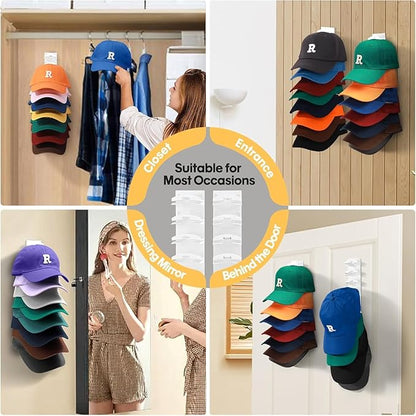 HINIHAO 2 Pack Hat Organizer for Baseball Caps, Hat Rack for Wall with Strong Adhesive, Wall Mounted Hat Hooks Hold up to 16 Hats for Closet Door and Bedroom (White)