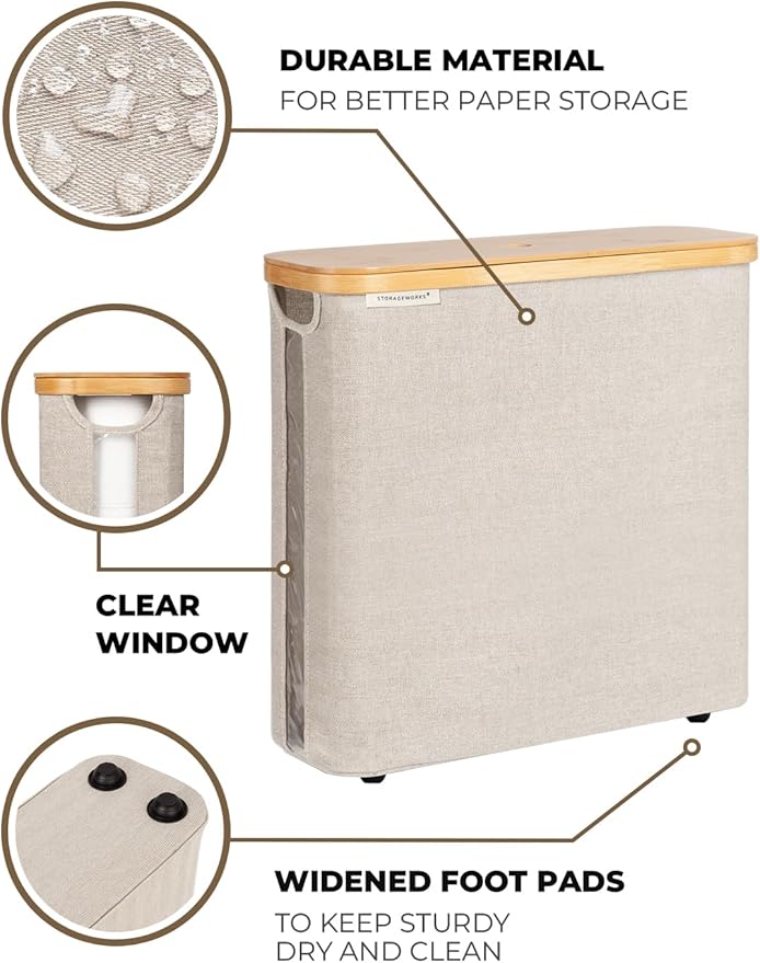 StorageWorks Large Toilet Paper Storage with Bamboo Lid, Toilet Paper Holder Basket for Up to 12 Mega or 16 Regular Size Rolls, Paper Storage Baskets for Bathroom, Light Khaki, 1 Pack