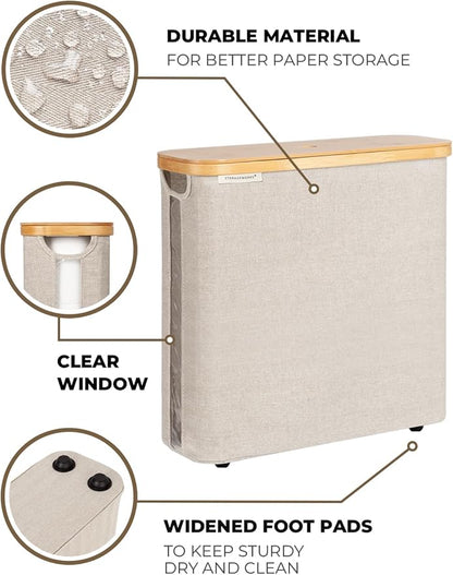 StorageWorks Large Toilet Paper Storage with Bamboo Lid, Toilet Paper Holder Basket for Up to 12 Mega or 16 Regular Size Rolls, Paper Storage Baskets for Bathroom, Light Khaki, 1 Pack