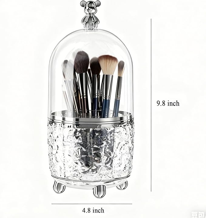 Dezzer Makeup Brush Holder with Lid, 360 Rotating Dustproof Make Up Organizers, 6 Slot Make up Brush Holder for Vanity Bathroom Countertop Office, Clear
