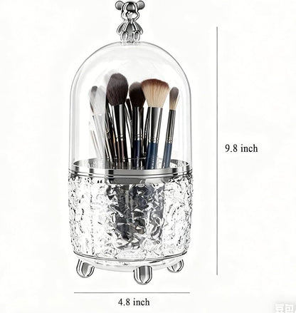 Dezzer Makeup Brush Holder with Lid, 360 Rotating Dustproof Make Up Organizers, 6 Slot Make up Brush Holder for Vanity Bathroom Countertop Office, Clear