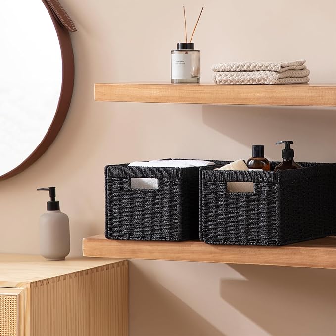 joybest Black Wicker Baskets for Shelves, 13.4L x 8.3W x 7.1H inch Hand-woven Storage Baskets for Pantry Organizing, Foldable Rectangular Bin with Handles, 4-pack