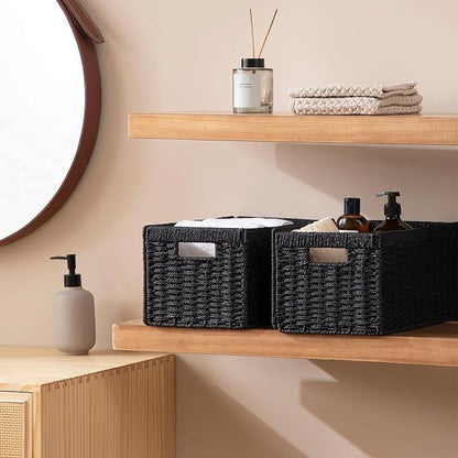 joybest Black Wicker Baskets for Shelves, 13.4L x 8.3W x 7.1H inch Hand-woven Storage Baskets for Pantry Organizing, Foldable Rectangular Bin with Handles, 4-pack