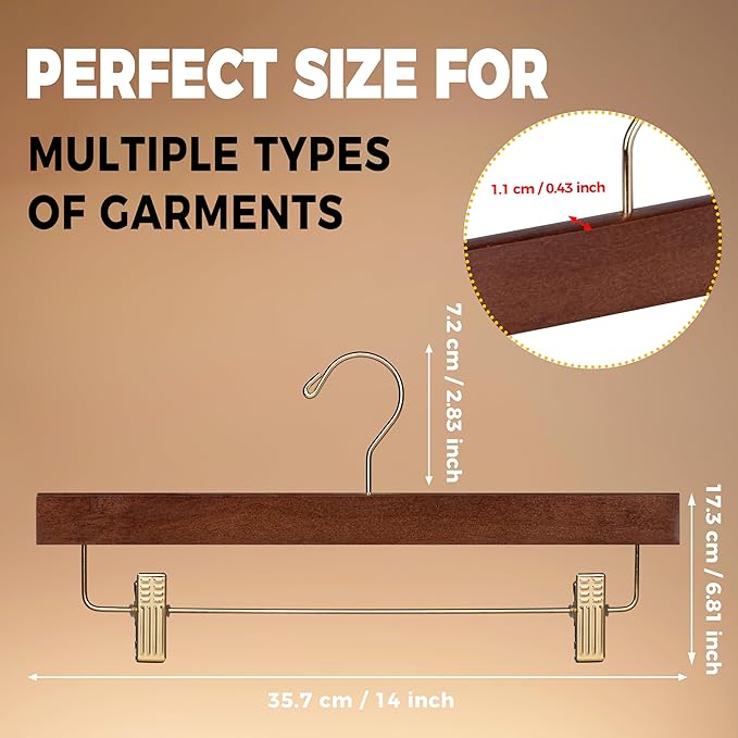 Quality Hangers Wooden Pants Hangers - 100-Pack Swivel Hook Cloth Hanger Set - Lotus Wood Skirt, Pant, Shorts and Slack Hangers with Adjustable Clip – Clothing Hanger Set (Walnut - Gold Hook, 100)