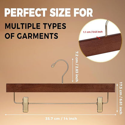 Quality Hangers Wooden Pants Hangers - 10-Pack Swivel Hook Cloth Hanger Set - Lotus Wood Skirt, Pant, Shorts and Slack Hangers with Adjustable Clip (Walnut - Gold Hook, 10)