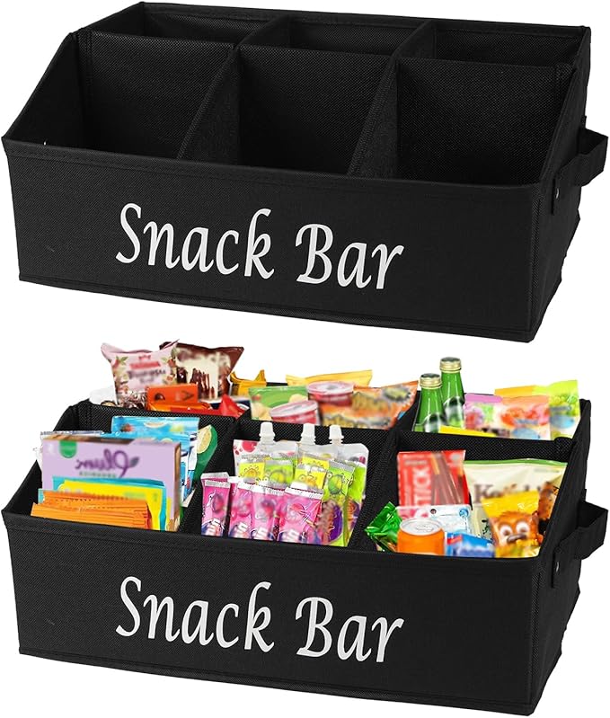 Snack Organizer for Countertop, 6 Compartment Snack Storage with Side Handles, 2 Pack Fabric Snack Basket Container, Lightweight Snack Bar Station Organizer, Kitchen Pantry Storage - Black
