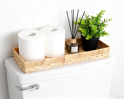 Rectangle Bathroom Tray, 16" Bathroom Over Toilet Tank, Water Hyacinth Wicker Basket for Bathroom Counter Long Narrow Hand Towel Storage Basket for Home Decor, Rattan Yellow