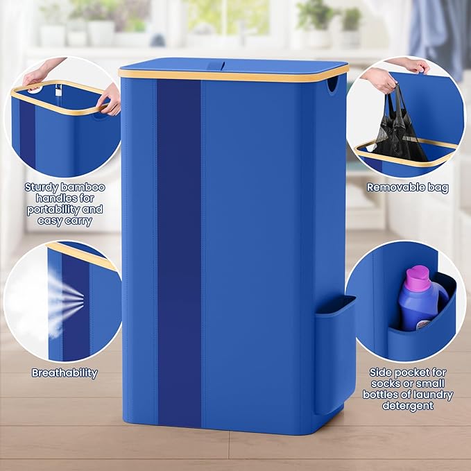 BlissTotes 100L Bamboo Laundry Hamper with Lid, Breathable Mesh Bag & Window, Portable, Moisture Resistant, Blue