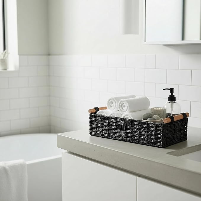 Black Woven Bathroom Basket with Wood Handles — Toilet Paper Storage Organizer for Back of Toilet, Paper Rope Wicker Basket, Boho Bathroom Decor Tray for Countertop or Tank Top