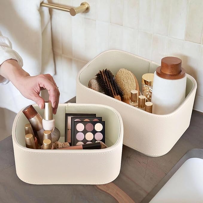HofferRuffer Faux Leather Storage Baskets Bins with Velvet Lining for Organizing, Storage, Gifts, Set of 3 Nesting Shelf Baskets Decorative Storage Boxes for Home Organization (Cream White)