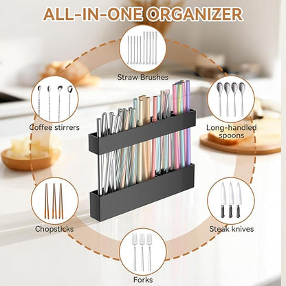 9.5 Inch Cabinet Door Acrylic Straw Holder with Double-Sided Tape, Kitchen Countertop Cabinet Storage Box Organizer for Straws (Black)