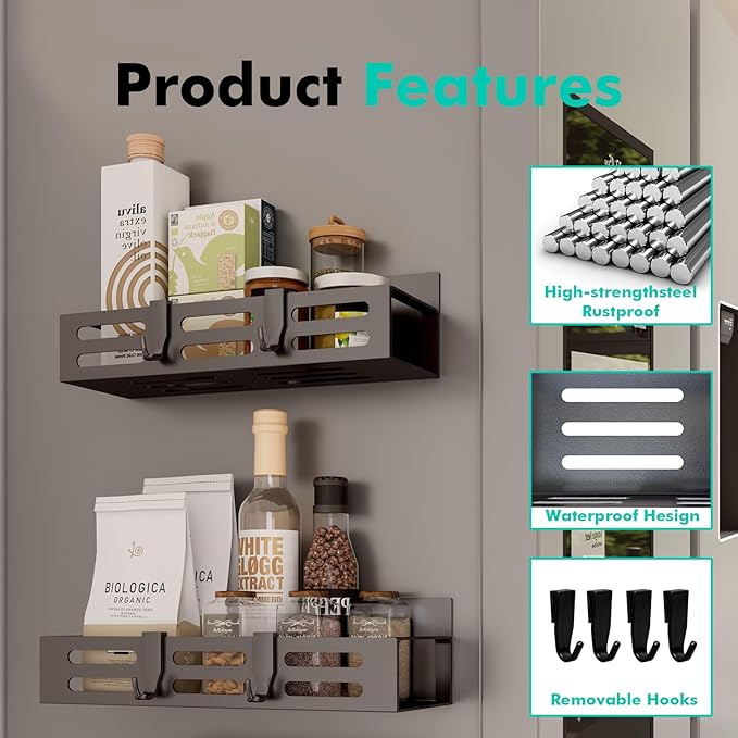 SETBAOO 2 Pack Magnetic Spice Rack for Refrigerator, Black Magnetic Shelf and Fridge Kitchen Cabinet Organizers Storage Seasoning Organization Mini Shelves, Organizadores de Cocina