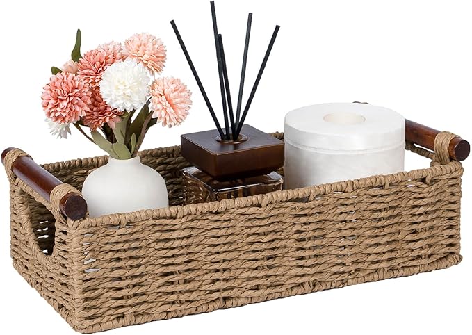 CubesLand Wicker Toilet Storage Basket Tray Organizer W/Cut Out Handle, Slim Decorative Basket for Countertop, Shelves And for Versatile Home Decor, Living Room, Nursery Organization, Neutral
