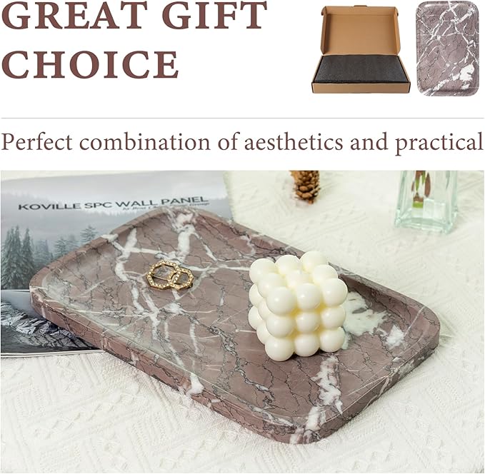 Koville Marble Tray, 12"x8" Marble Vanity Tray for Countertop Bathroom Kitchen Dresser, Decorative Catchall Trays for Perfume Jewelry, Rectangular Stone Serving Tray(Purple)