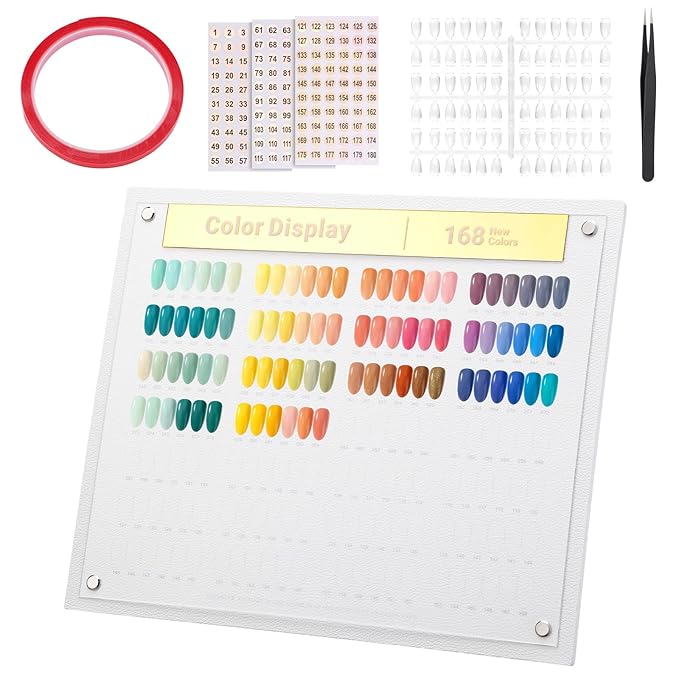 Segbeauty 168 Colors Acrylic Nail Art Display Board with Tweezer, Nail Display Polish Stand with False Fingernail Tips Double Sided Tape and Number Sticker, Showing Holder for Sample Display Practice