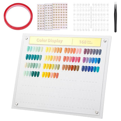Segbeauty 168 Colors Acrylic Nail Art Display Board with Tweezer, Nail Display Polish Stand with False Fingernail Tips Double Sided Tape and Number Sticker, Showing Holder for Sample Display Practice