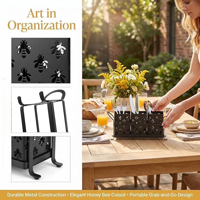 Silverware Caddy with Bee Design, 3 Compartment Metal Utensil Holder with Handles,Silverware Holder for Party Countertop, Kitchen, Outdoor, Cutlery Holder Organizer for Spoon Fork,Black