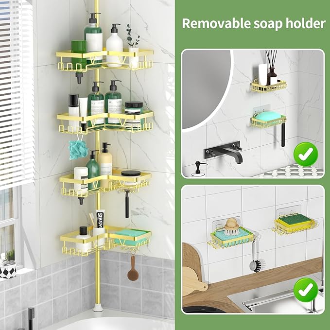 DAOYA Shower Caddy Tension Pole with 2 Soap Holders, Adjustable Corner Shower Caddy, Gold Finish, Expandable 25-114.2 Inches for Bathtub Corner, Bathroom Storage Organizer