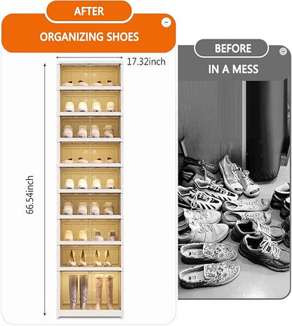 Foldable Shoe Rack Organizer for Closet 9 Tier-18 Pairs Stackable Shoe Storage Cabinet, Collapsible Sneaker Shelf with Doors, Shoe Organizer with Lids Large for Living Room, Entryway