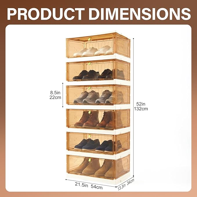 Shoe Rack Organizer for Entryway/Closet,Stackable Magnetic-Door Shoe Boxes,Foldable Space-Saving Sneaker&Boot Containers,Thichen&Sturdy Plastic Cabinet 6 Tiers 12 Pairs,Taupe