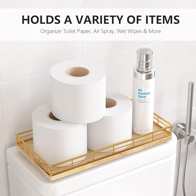 Toilet Paper Basket Organizer – Oak Wood Toilet Tank Tray with Metal Frame, Bathroom Counter Top Storage for Toilet Paper, Wipes & Decor, Modern Narrow Back of Tank Shelf Organizer, Gold & Nature Oak