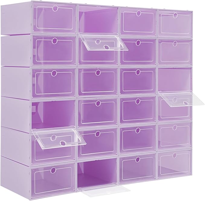 24 Pack Stackable Shoe Boxes with Clear Lids - Foldable Shoe Storage Organizer for Closet Cabinet, Color Options for Sneakers Flats Home Organization (Purple)