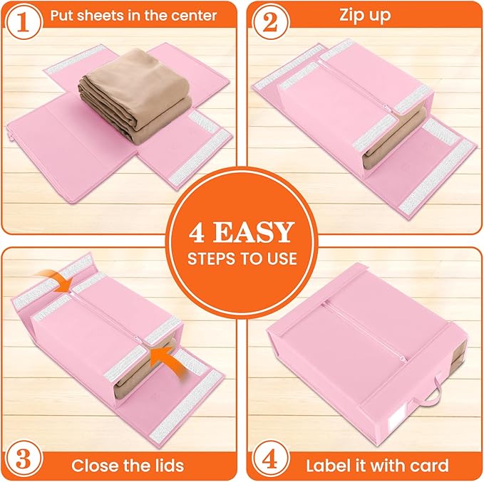 WOWBOX Sheet Organizers and Storage,Closet Bed Sheet Organizer Under Bed Storage and Organization with Label Cards & Clear Window for Bedding Sheets,Duvet Covers,Blankets (8 Pack，Pink)