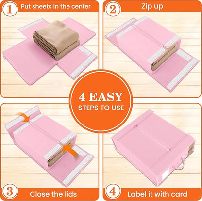 WOWBOX Sheet Organizers and Storage,Closet Bed Sheet Organizer Under Bed Storage and Organization with Label Cards & Clear Window for Bedding Sheets,Duvet Covers,Blankets (3 Pack，Pink)