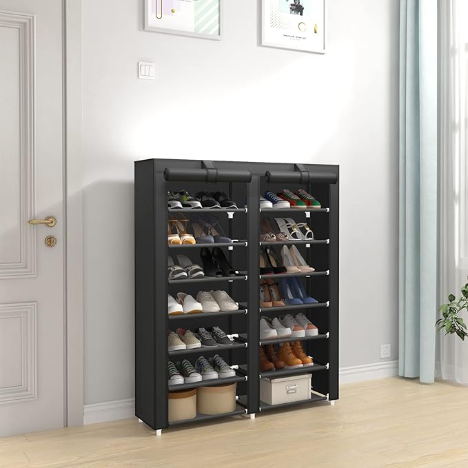 JIUYOTREE 7-Tier Shoe Storage Organizer with Dustproof Cover - Closet Cabinet Shelf Holds up to 28 Pairs - For Doorway, Corridor, Balcony, Living Room - Black