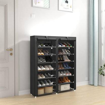 JIUYOTREE 7-Tier Shoe Storage Organizer with Dustproof Cover - Closet Cabinet Shelf Holds up to 28 Pairs - For Doorway, Corridor, Balcony, Living Room - Black