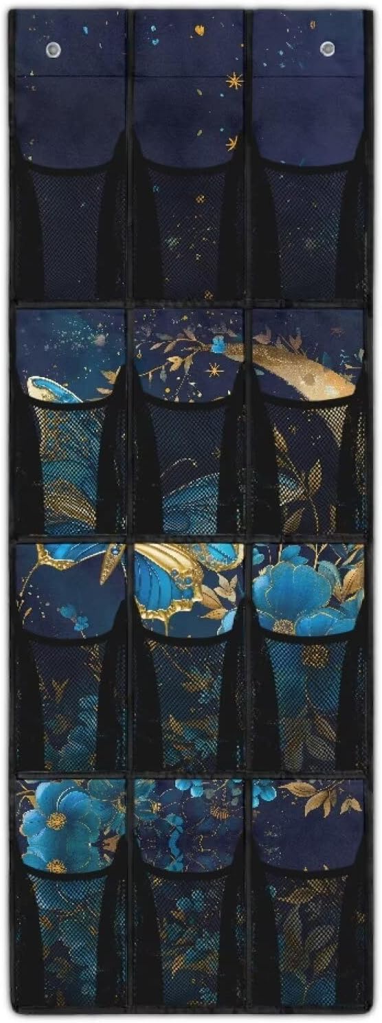 Over The Door Shoe Organizer 12 Mesh Pockets Hanging Storage Holder for Bathroom Bedroom Foldable Space Saving Storage Bag,Moon Butterfly