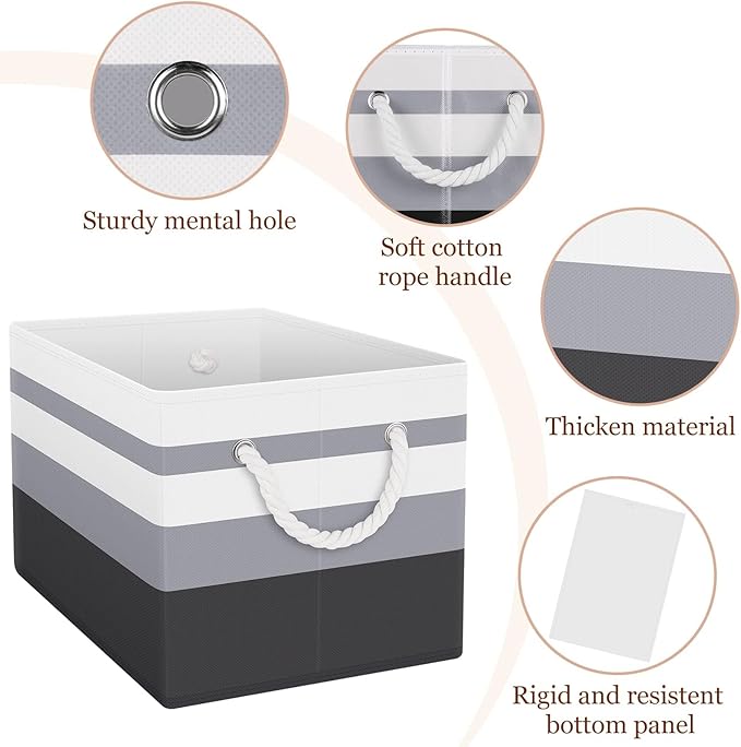 Fab totes Storage Bins 4-Pack, Foldable Storage Baskets for Organizing Toys, Books, Shelves, Closet, Large Storage Box with Rope Handles, Sturdy Organizer Bins,Gradient Grey