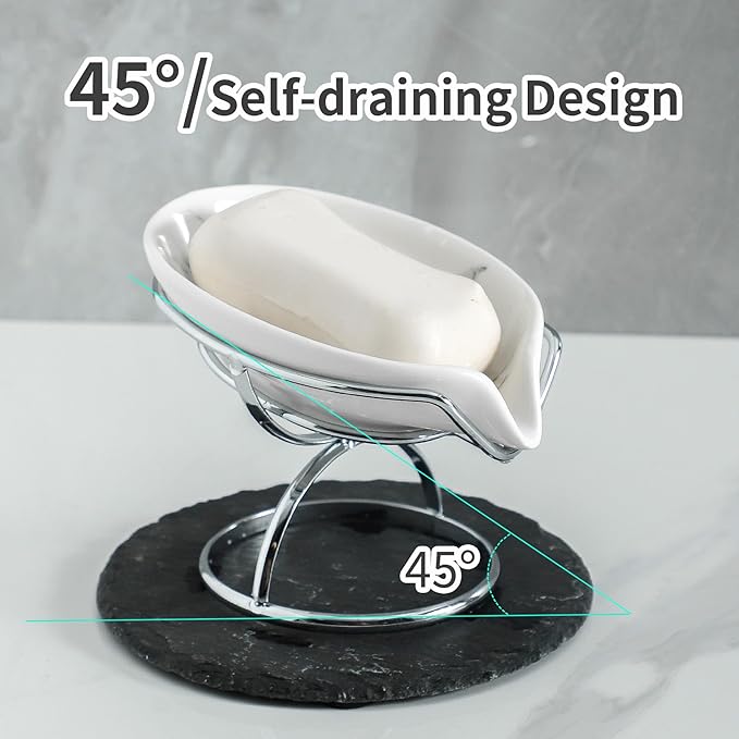 Dobbyby Leaf-Shaped Soap Dish – Ceramic Soap Bar Holder with Self-Drainage System – Bar Soap Holder for Shower, Bathroom Sink, Kitchen – Soap Dish with Stainless Steel Stand (White-Sliver-2 Pack)