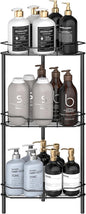 HuggieGems 3 Tier Floor Standing Corner Shower Caddy Organizer Shelf with Hooks, Bathroom Shelves Stand Rack, Matt Black