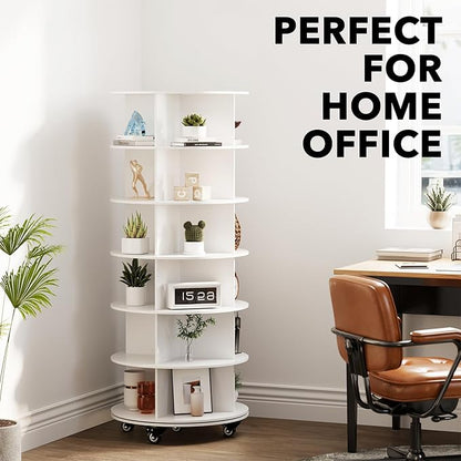 SpaceAid Spinning Shoe Rack with Wheels, 6 Tier Rotating Organizer Shoe Tower Lazy Susan with Thick Bottom, 360 Display Revolving Storage Shelf, Round Circular Rotate Organization, White