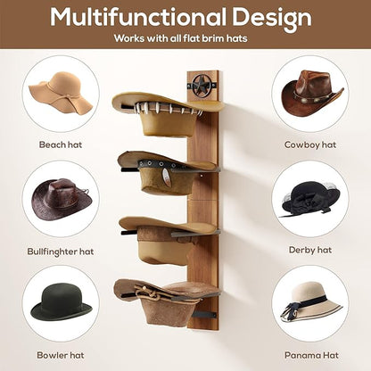 Hat Holder Rustic Wood Star Design – 2-Piece Organizer with Extra Wide Wooden Boards (12cm / 4.72"), 4-Hook Cowboy Hat Rack for Wall, Western Decor, Hat Storage Display Hanger