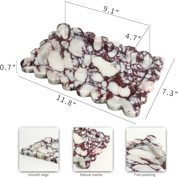 Natural 100% Marble Vanity Tray Luxury Scalloped Marble Storage Square Rectangle Tray for Home Decor Stone Tray for Bathroom Kitchen Candle Key (Rectangle-11.8 * 7.4-Calacatta Viola)