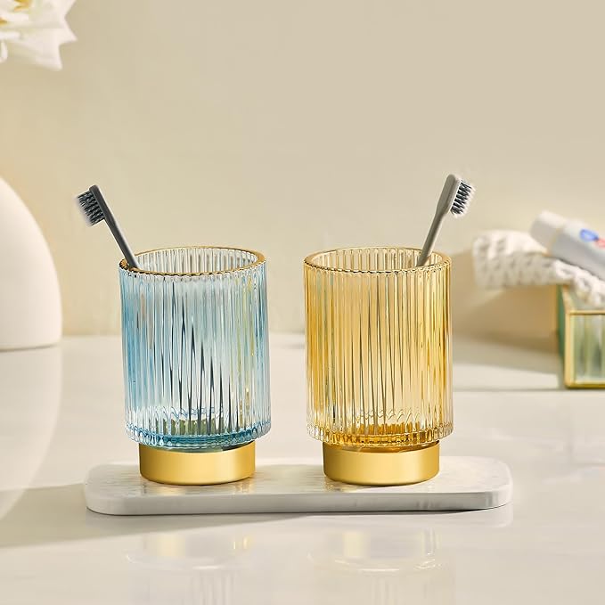 Makeup Brush Holder Organizer,Toothbrush Holders,Desk Pen Pencil Holder,Multifunctional Vintage Glass Brush Cup（S+L/Blue/A3-3-US）