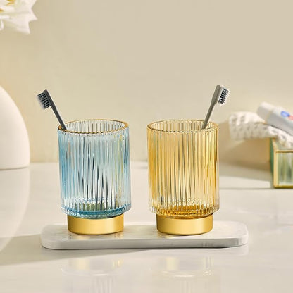 Makeup Brush Holder Organizer,Toothbrush Holders,Desk Pen Pencil Holder,Multifunctional Vintage Glass Brush Cup（S+L/Blue/A3-3-US）